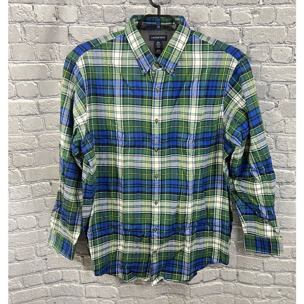 Lands' End Mens Flannel Shirt Traditional Fit 2XL Tall  18-18 1/2 NEW Green Blue